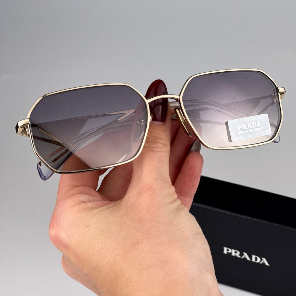 Prada PRA51S ZVN30C Sunglasses Pale Gold Gradient Blue Mirror Geometric Unisex - Picture 3 of 15